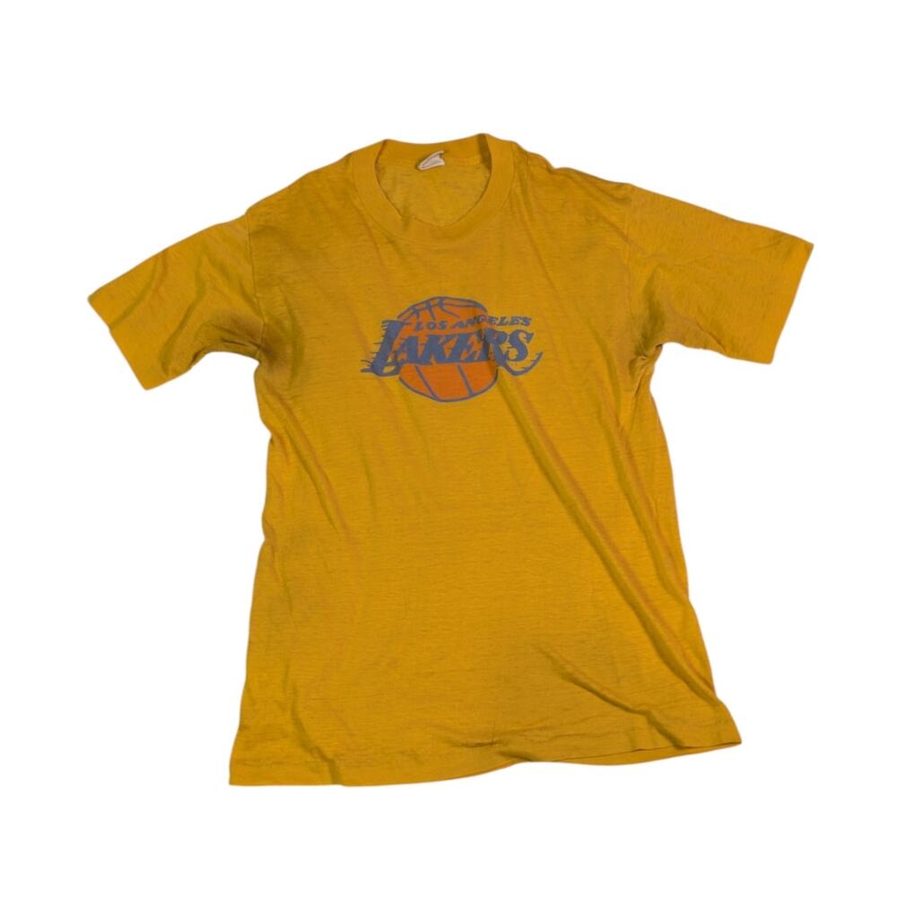 Vintage 80s Los Angeles Lakers NBA Screen Stars Distressed Tee Yellow Medium